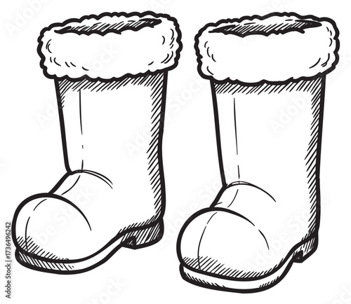 Illustrated winter boots with fur lining in black and white sketch style – retro hand drawn illustration
