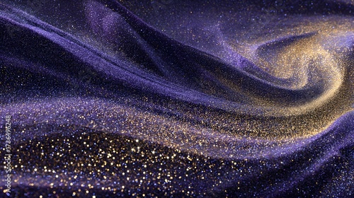 A mesmerizing abstract composition displays flowing, dynamic textures, featuring a swirling display of purple and gold particles that create a sense of depth and movement, resulting 