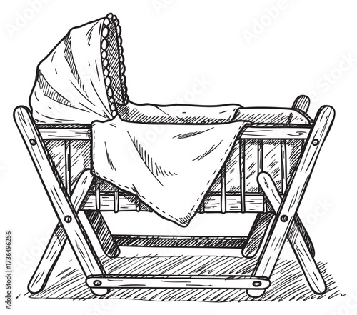 Rustic wooden baby cradle with blanket and canopy in detailed line art illustration – retro hand drawn illustration