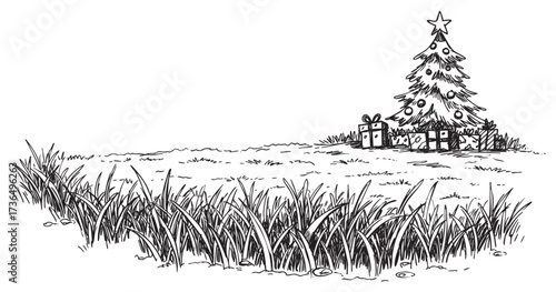 Christmas tree with presents in snowy field landscape – retro hand drawn illustration