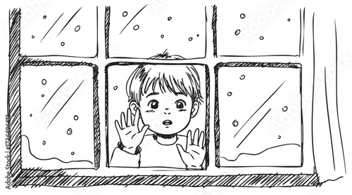 Asian child watching snowfall through window with expressive curiosity – retro hand drawn illustration