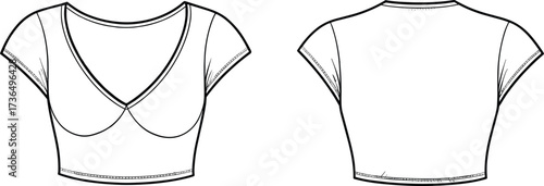 Fashion flat sketch of women’s fitted crop top with deep V neckline, short sleeves and bust seam technical vector illustration