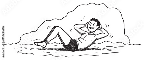 Young caucasian adult male exercising outdoors doing sit-ups in a cloudy field – retro hand drawn illustration