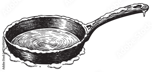 Vintage cast iron skillet illustration with detailed handle design – retro hand drawn illustration