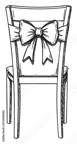Elegant wooden chair with decorative bow in black and white sketch – retro hand drawn illustration