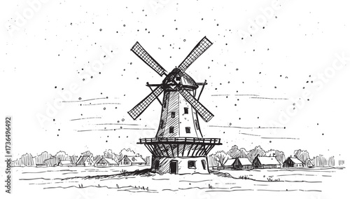 Vintage windmill in snowy countryside landscape illustration – retro hand drawn illustration