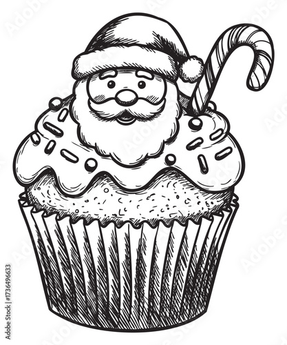 Festive santa cupcake sketch: holiday dessert with candy cane decoration – retro hand drawn illustration