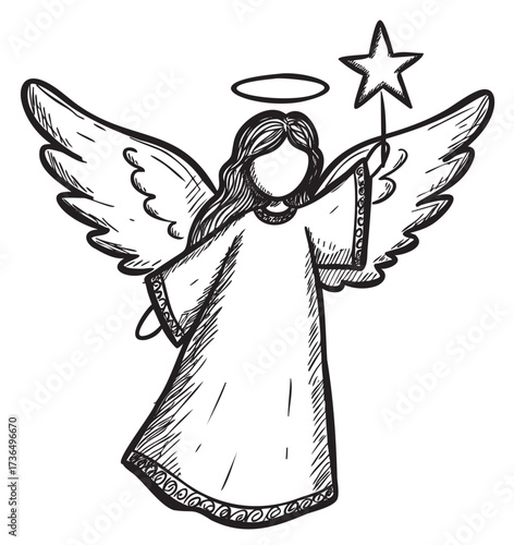 Hand-drawn angel with halo and star wand in black and white – retro hand drawn illustration