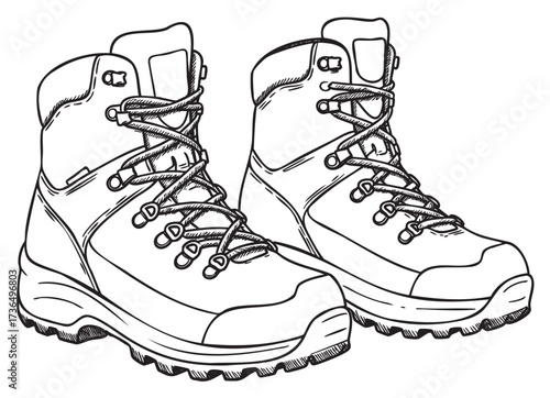 Black and white sketch of rugged hiking boots with detailed laces and soles – retro hand drawn illustration