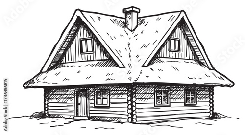 Rustic thatched roof cottage with log walls illustration – retro hand drawn illustration