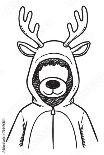 Person in reindeer costume with antlers and hooded animal outfit sketch – retro hand drawn illustration