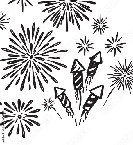 Festive fireworks display with exploding rockets and colorful bursts – retro hand drawn illustration