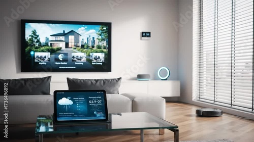 Wallpaper Mural Smart Home and IoT Technology in Modern Living Room - A modern living room showcasing a smart home setup with a large TV displaying smart home control options. Torontodigital.ca