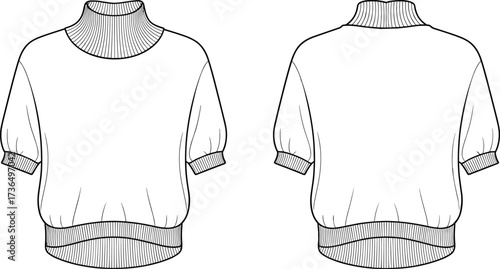 Fashion flat sketch of women’s half sleeve turtleneck sweater top with ribbed cuffs and hem vector illustration template design