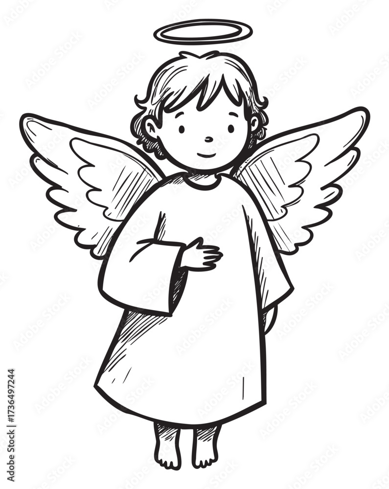 Fototapeta premium Illustration of angelic child with wings and halo in robe – retro hand drawn illustration