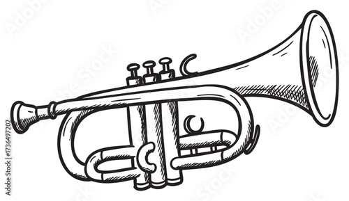 Hand-drawn sketch of a trumpet with detailed valves and bell – retro hand drawn illustration