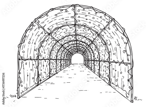 Sketch of agricultural greenhouse tunnel with row of plants – retro hand drawn illustration