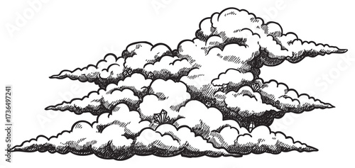 Detailed sketch of layered cumulus clouds with shading effects – retro hand drawn illustration