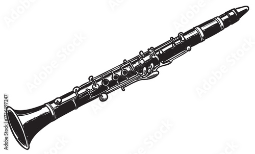 Detailed black and white clarinet illustration with highlighted keys – retro hand drawn illustration