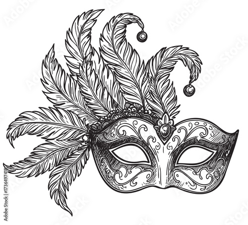 Intricate feathered masquerade mask with ornate designs and elegant flourishes – retro hand drawn illustration