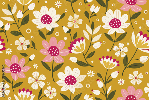 Charming retro floral pattern with mustard yellow background