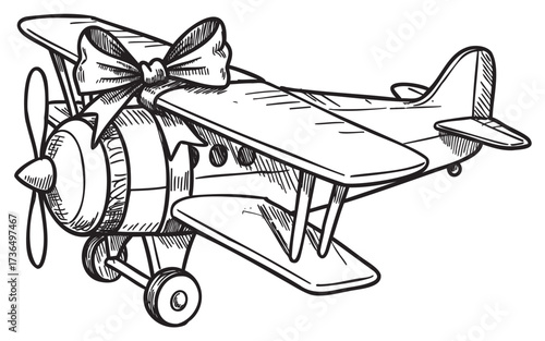 Vintage biplane with bow sketch - hand-drawn airplane gift illustration – retro hand drawn illustration
