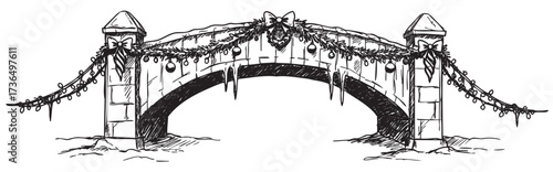 Festively decorated stone bridge with holiday garlands and icicles – retro hand drawn illustration