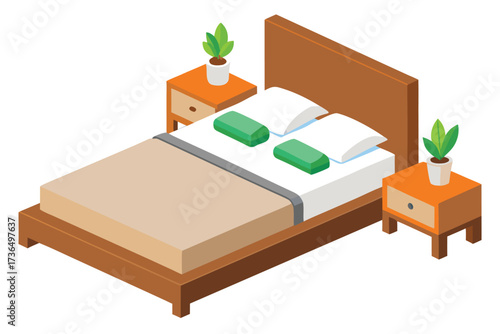 Isometric Bed Brown Bedframe, Pillows, Throw Pillows, Nightstands with Plants and White Background