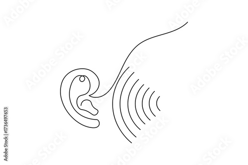 Human ear icon in continuous one line drawing style. Minimalist outline isolated on a white background. Modern single line art vector illustration for design projects
