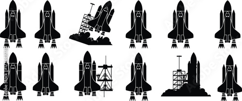 Space Shuttle Vector Illustrations, Rocket Launch Silhouettes, Spacecraft Clipart Set