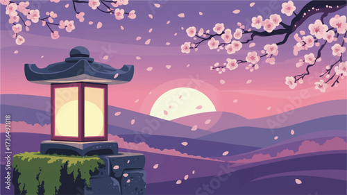 Vector art of pixel art of a japanese lantern with cherry blossom at sunset scenery