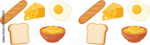 Assortment of breakfast food items including bread cheese and fried eggs baguette