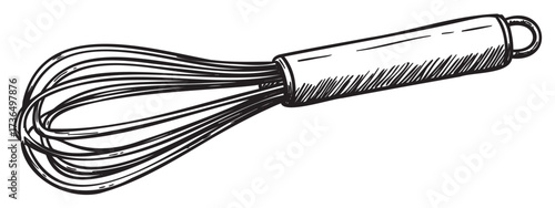 Black and white whisk illustration with detailed lines and simple design – retro hand drawn illustration