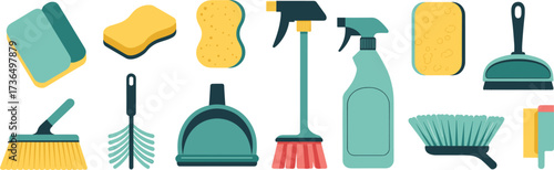 Assortment of cleaning tools and supplies in flat design style Keywords: cleaning, supplies