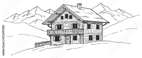Alpine chalet illustration with majestic mountain – retro hand drawn illustration