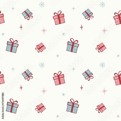 Seamless pattern with handdrawn present boxes. Crayon style. Festive winter background