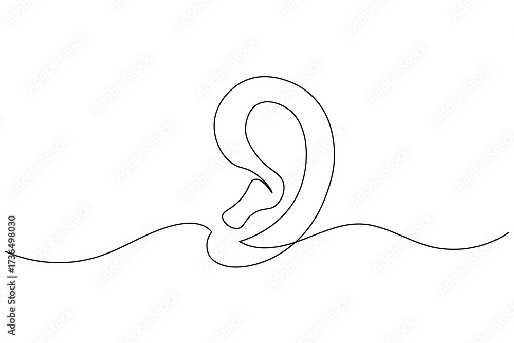 Obraz premium Human ear icon in continuous one line drawing style. Minimalist outline isolated on a white background. Modern single line art vector illustration for design projects