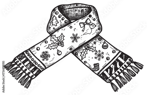 Festive winter scarf with holiday patterns and tassels in black and white illustration – retro hand drawn illustration