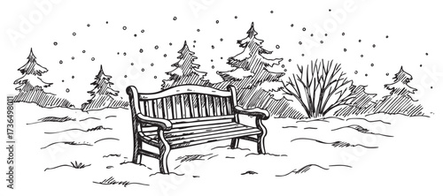 Snowy park bench in winter forest scene with falling snowflakes – retro hand drawn illustration
