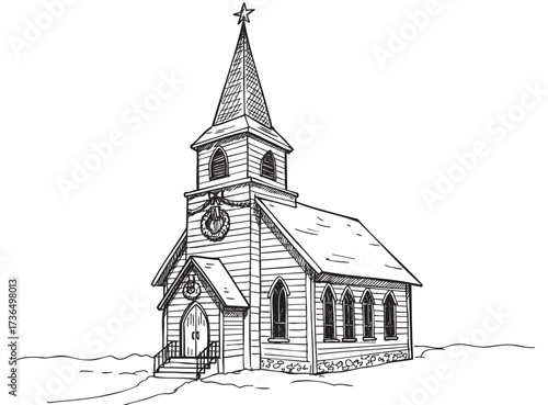 Festive winter church with snowy landscape and christmas wreath – retro hand drawn illustration