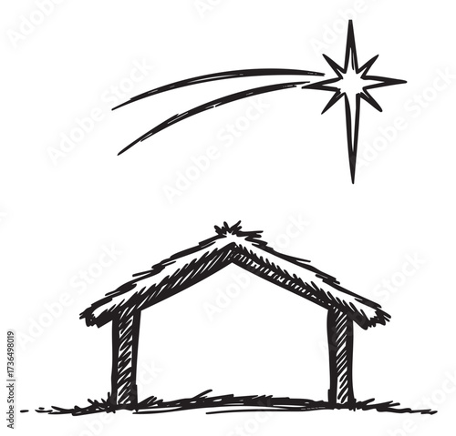 Simple sketch of a nativity scene with star and manger outline – retro hand drawn illustration