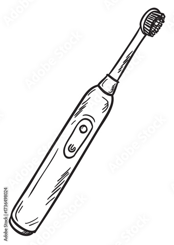 Black and white sketch of an electric toothbrush with bristles and handle – retro hand drawn illustration