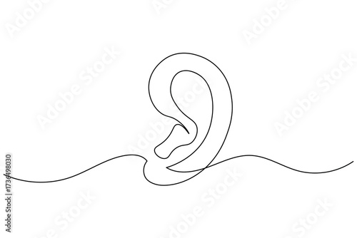 Human ear icon in continuous one line drawing style. Minimalist outline isolated on a white background. Modern single line art vector illustration for design projects