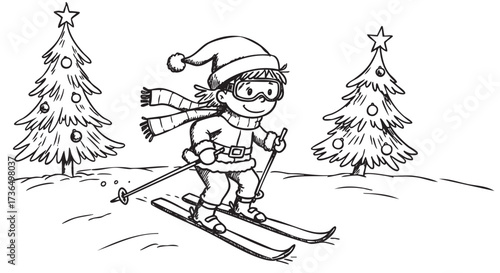 Festive skiing fun: young caucasian child enjoying winter holiday adventure – retro hand drawn illustration