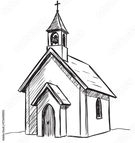 Hand-drawn sketch of small chapel with bell tower and cross on roof – retro hand drawn illustration