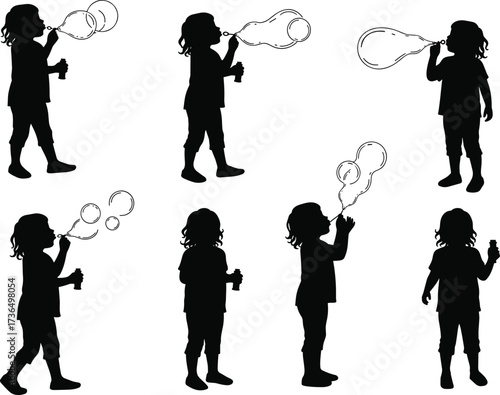 Child silhouette blowing bubbles, kid playing outdoors, happy childhood moment, bubble toy fun, playful activity, carefree lifestyle, childhood joy illustration