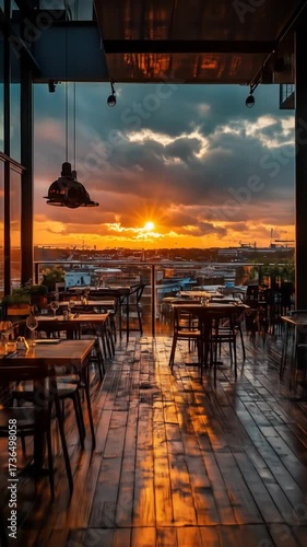 Rooftop restaurant interior with tables, chairs, and a warm sunset view through a large window