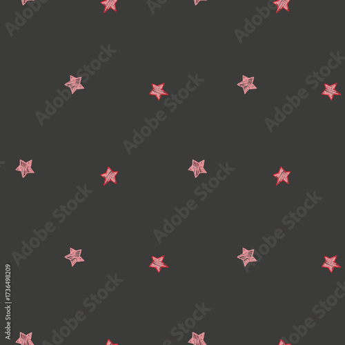 Seamless pattern with cute pink stars. Crayon style. Dark festive background