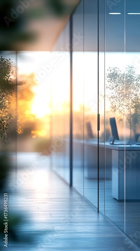 Modern office space with glass walls during sunset revealing a serene landscape outside