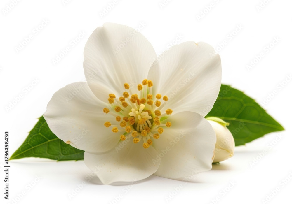 Obraz premium Single white jasmine flower with green leaves isolated on white background